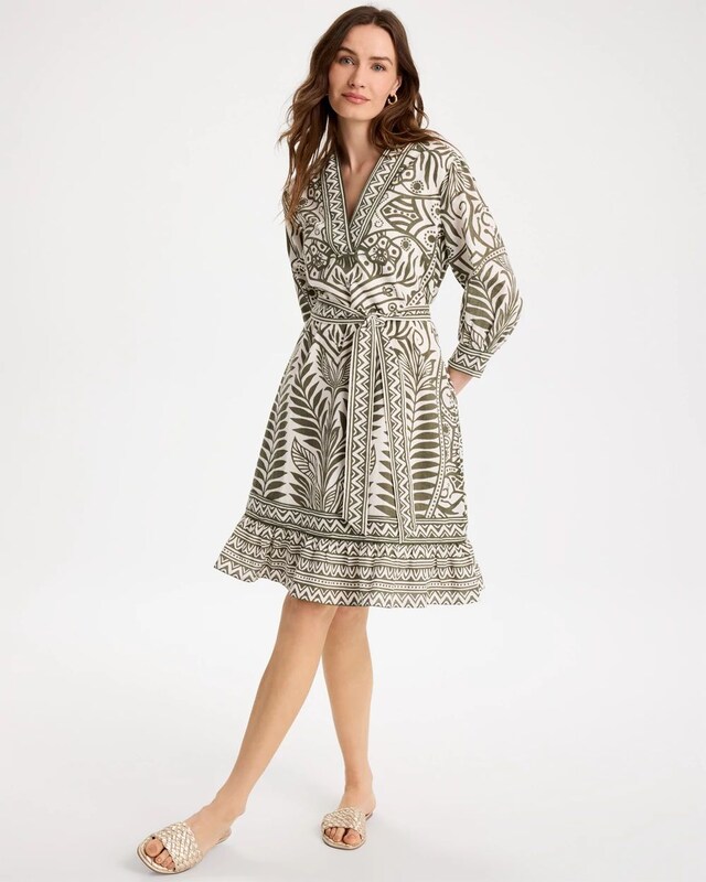 Printed Cotton-Linen Belted Dress - image 1